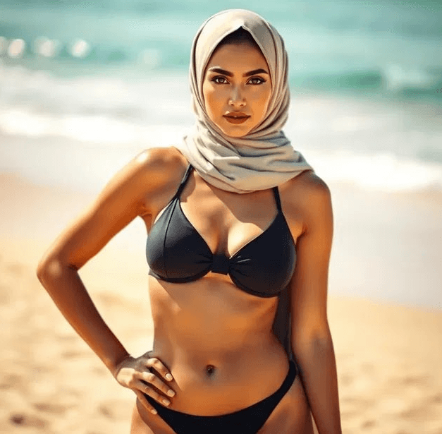 Woman in a black bikini with a beige hijab standing on a sunny beach with waves in the background.